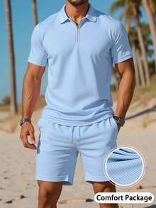 Manfinity Dauomo Men Solid Color Short Sleeve Casual Polo Shirt And Shorts Set - Baby Blue - View 1