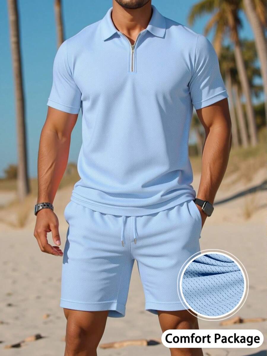 Manfinity Dauomo Men Solid Color Short Sleeve Casual Polo Shirt And Shorts Set - Baby Blue - View 1
