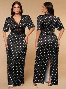 SHEIN BAE CURVE 大尺碼女款黑色圓點短袖洋裝，優雅性感洋裝 - 黑色 - 查看 6