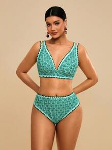 Travachic Plus Size Women Fuchsia Floral Print Swimwear Set - Green - View 5