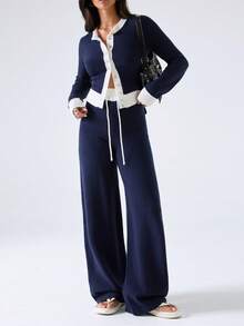 LYSMO Women's Colorblock Long Sleeve Single-Breasted Knit Cardigan And Knit Pants Casual Set - Navy Blue - View 5