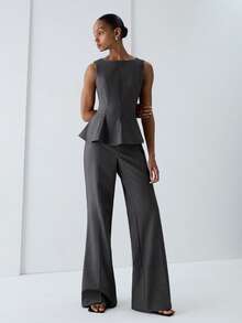ATUI Studio Women's Sleeveless Ruffle Hem Top Flare Pants Set Two Pieces Casual Summer Outfit, Elegant For Beach Business Office, Party Teachers' Day Charcoal Gray - Grey - View 5