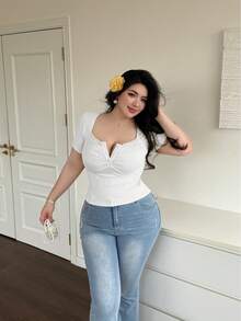 Vibekara Plus Size Fashion Versatile Hot Girl Solid Color Lace Patchwork Square Neck Short Sleeve Slimming T-Shirt Office Birthday White Summer Elegant - White - View 3