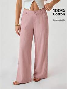 SHEIN Tall 100 Washed Cotton Low Waist Straight Pants Vacation Dusty Pink Summer Casual - Pink - View 4