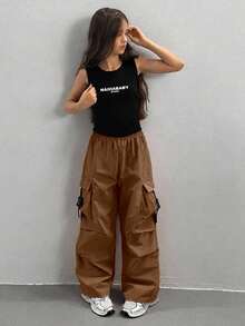 Tween Girls' Solid Color Elastic Waist Cargo Pocket Pleated Pants - Brown - View 5