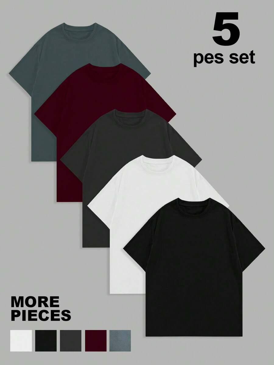 NEOREFINED 5pcs Men's Plus Size Solid Color Crew Neck Casual Versatile Daily Wear T-Shirts - Black - View 1