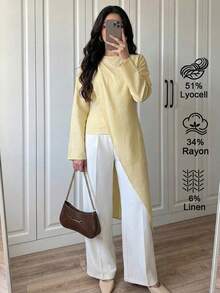 Elenzga Kemeja Wanita Model Lilitan dengan Hem Asimetris Warna Polos - Kuning - View 3