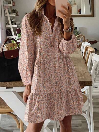 Brillora Women's Casual Vacation Ditsy Floral Short Dress,Ditsy Floral Frilled Collar Half Button Tiered Ruffle Mini Dress,Casual Dresses For Womenfall Clothes