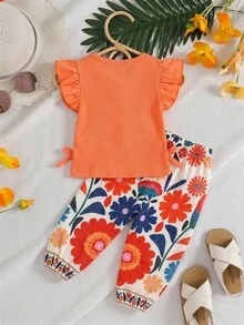 SHEIN Vintaside Kids 2件組女嬰針織羅紋布料短袖圓領T恤與彩色花卉鬆緊腰收口長褲套裝，春夏田園風彩色花卉元素，休閒派對度假穿著，田園風 - 彩色 - 查看 2