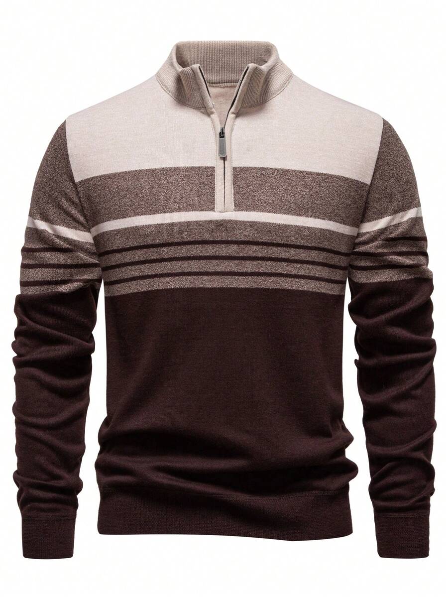 Calmiston Men's Fashion Half Zip Knitted Long Sleeve Sweater, Long Sleeve Pullover, Suitable For Spring, Summer And Outdoor Wearing Sumwon - Coffee Brown - View 1