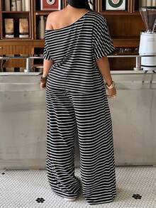 Muchica Conjunto de 2 piezas de top con cuello asimétrico a rayas y pantalones de talla grande - Blanco y Negro - Ver 2