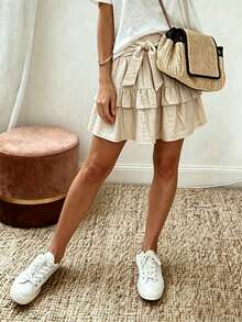 LanaWest Gonna estiva da donna kaki con laccio in vita, orlo a balze doppio strato, ampia, stile western casual per vacanze - Cachi - Visualizzare 7