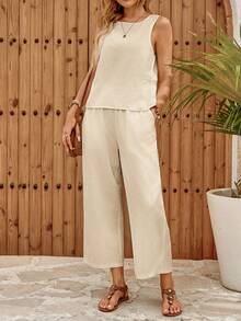 EMERY ROSE Women's Solid Color Sleeveless Blouse With Single-Row Back Button Design And Pants Casual 2-Piece Set Vacation Orange Summer - Camel - View 3