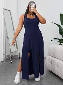 Shapeblank Casual Plus Size Knitted Navy Blue Scoop Neck Short Dress With Split Thigh Design - Navy Blue - View 5