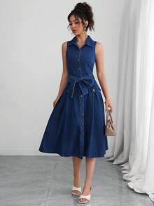 Selianne Women's Single-Breasted Waist-Knot Sleeveless Casual Denim Dress - Dark Wash - View 3