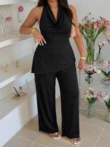 SHEIN EZwear 黑色休閒女款大尺碼垂領掛脖背心上衣與長褲套裝 - 杏色 - 查看 3