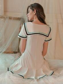 Dansine Embroidered Striped Color Block Ruffle Hem Button Sailor Dress With T-Back Panties Set, Cosplay Performance Uniform Back-To-School Summer - White - View 2