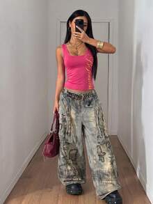 Fiercella Fiercella 女士黑色百搭通勤U领银色英文字母印花街头风修身性感返校吊带背心，春夏款 - 玫紅色 - 查看 4