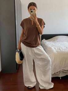 Livesso 女款棕色寬鬆休閒通勤居家短袖T恤，夏季 - 咖啡棕 - 查看 5