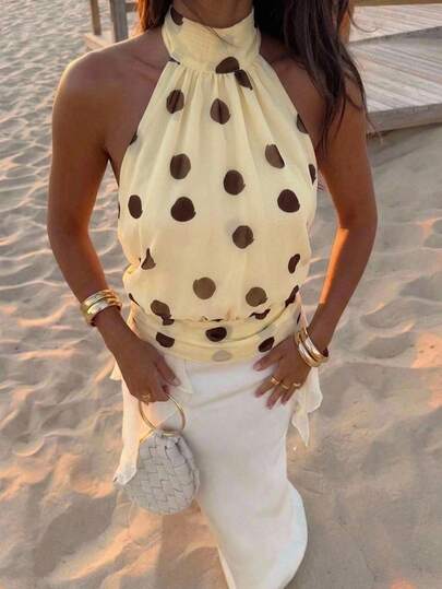 Aloruh Top sexy amarelo pálido com bolinhas, sem costas e com alça halter, verão