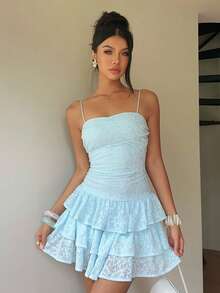 Aloruh Women's Textured Multi-Layer Cake Ruffle Cami Romper Vacation Club Light Blue Summer Sexy Cute - Apricot - View 7