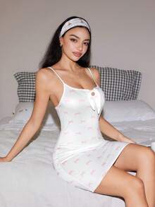 Lowkey Lull Comfortable Printed Drawstring Waist Fitted Fashionable Summer Nightgown For Women - White - View 2