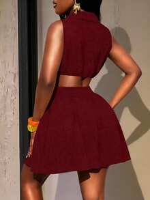 Glyssa Women's Lapel Sleeveless Short Waist-Cinching Asymmetrical Metal Buckle Hollow-Out A-Line Fashion Dress Series New Year Spring New Luxury Valentine's Day Sweet Party New Year's Eve Yellow Elegant Dress - Burgundy - View 2