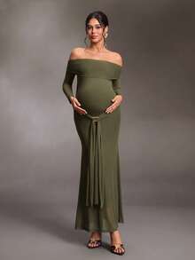 Cheriluna Maternity Maternity Off-Shoulder Solid Color Casual Party & Travel Dress Fall - Dark Green - View 6