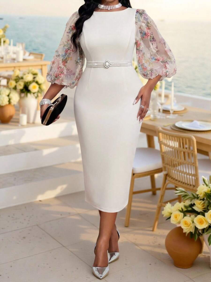 Fleurora Plus Size Elegant Party Mesh Patchwork Lantern Sleeve Dress - Multicolor - View 1