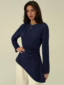 Aloruh Women's Casual Design Asymmetric Hem Long Sleeve Boat Neck Blouse, Versatile Elegant Navy Blue Shirt For Daily Commute And Outings Work Autumn - Navy Blue - View 3