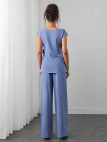 Momance Blue Tie-Strap Short Sleeve Top And High-Waist Wide-Leg Pants Set, Round Neck Design, Bow Tie Waist, Draped Wide-Leg Long Pants, Summer Lightweight, Slimming And Height-Enhancing, Versatile Commute, Minimalist Premium Feel, European And American Style, Casual Everyday - Blue - View 2