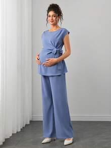 Momance Blue Tie-Strap Short Sleeve Top And High-Waist Wide-Leg Pants Set, Round Neck Design, Bow Tie Waist, Draped Wide-Leg Long Pants, Summer Lightweight, Slimming And Height-Enhancing, Versatile Commute, Minimalist Premium Feel, European And American Style, Casual Everyday - Blue - View 4