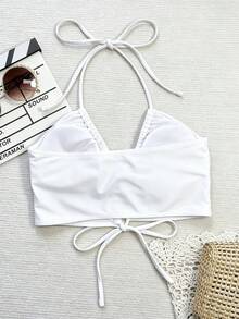 Bonvoyette Solid Color Backless Halter Neck Swimsuit Top For Vacation Beach - White - View 2