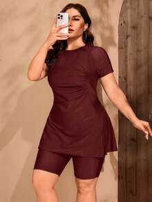 Swim Mulvari Plus Size Women Burkini Set, Ruched Side Tankini Swimwear, Slate Blue - Burgundy - View 1