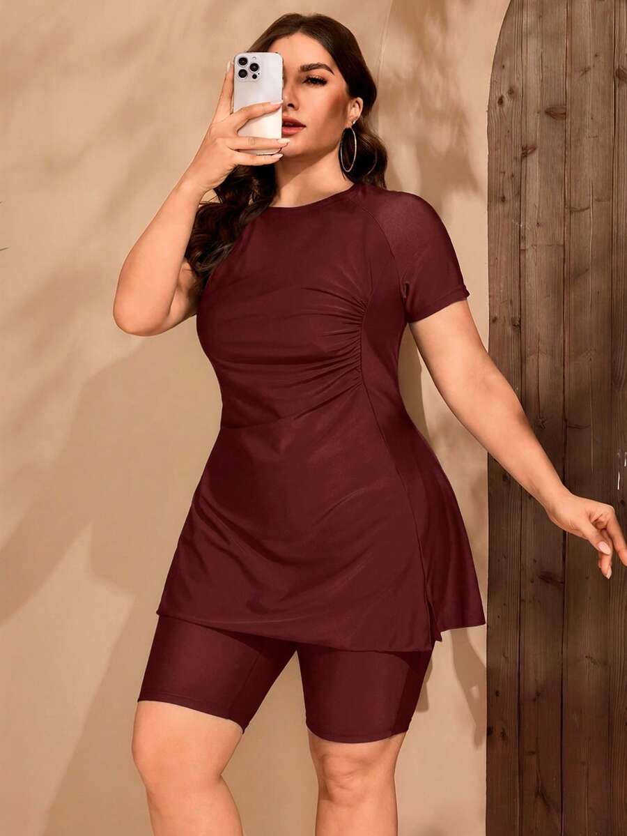 Swim Mulvari Plus Size Women Burkini Set, Ruched Side Tankini Swimwear, Slate Blue - Burgundy - View 1