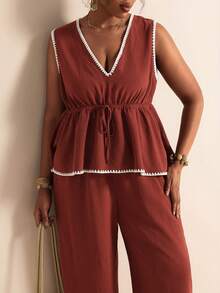 Elaquor Plus Size Vacation Casual Bohemian Boho Contrast Trim Tank Top Long Pants 2 Pieces Set Summer Going Out Bussines Beach Brunch Ruffle Hem - Redwood - View 4