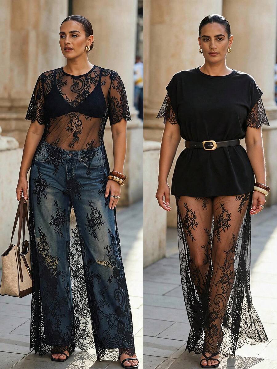 Chikora Plus Size Summer Sexy Country Lace Sheer Dress Concert Rave Black - Black - View 1
