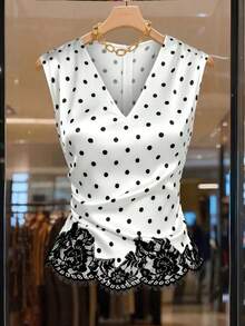 Elenzga V-Neck Polka Dot Tank Top Women's V-Neck Sleeveless Top, Waist Ruched, Polka Dot Pattern, Asymmetric Lace Spliced Hem, French Elegant Casual Style, Versatile For Daily Outdoor Commute - Black and White - View 4