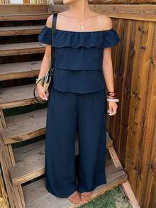 Dazy Plus Spring/Summer Vacation Style Cropped Camisole Top With Ruffle Hem And Casual Long Pants, Plus Size Women's 2-Piece Set - Royal Blue - View 4