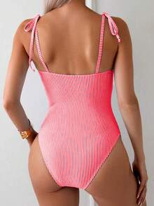 SHEIN Swim 女款條紋連身泳衣，適合度假與海灘 - 西瓜粉 - 查看 2