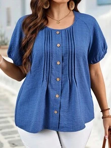 EMERY ROSE Plus Size Women's Summer Navy Blue Boho Casual Vacation Top Puff Sleeve Single-Breasted Pleated Design Faux Denim Midi Holiday Beach Office Date Night - Blue - View 1