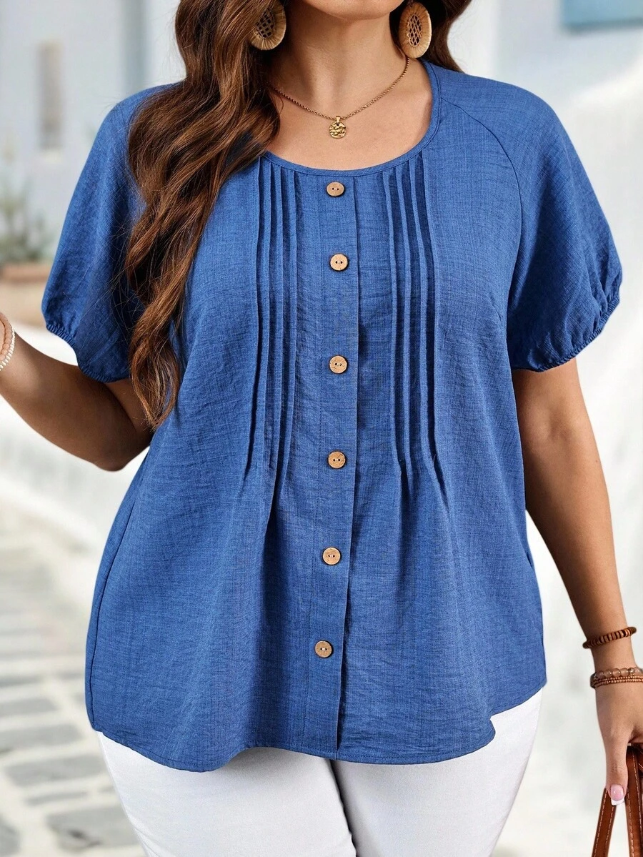 EMERY ROSE Plus Size Women's Summer Navy Blue Boho Casual Vacation Top Puff Sleeve Single-Breasted Pleated Design Faux Denim Midi Holiday Beach Office Date Night - Blue - View 1