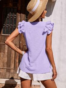 EMERY ROSE Summer Casual Solid Color Flutter Sleeve Blouse - Mauve Purple - View 2