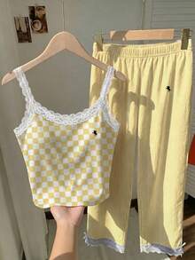 SHEIN EZwear 女士休闲黄色蕾丝边吊带背心和条纹裤两件套，返校季米黄色两件套 - 淡黃色 - 查看 4