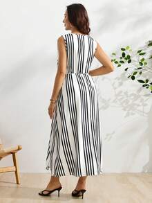 SHEIN Vestido casual de maternidad con cuello redondo, diseño de bloques de color a rayas y abertura, para uso diario - Multicolor - Ver 2