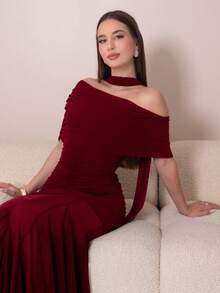 Duda Rubert 女款純色極簡休閒不對稱領口綁帶洋裝，婚禮賓客禮服，情人節優雅夏季穿搭 - 酒紅色 - 查看 5