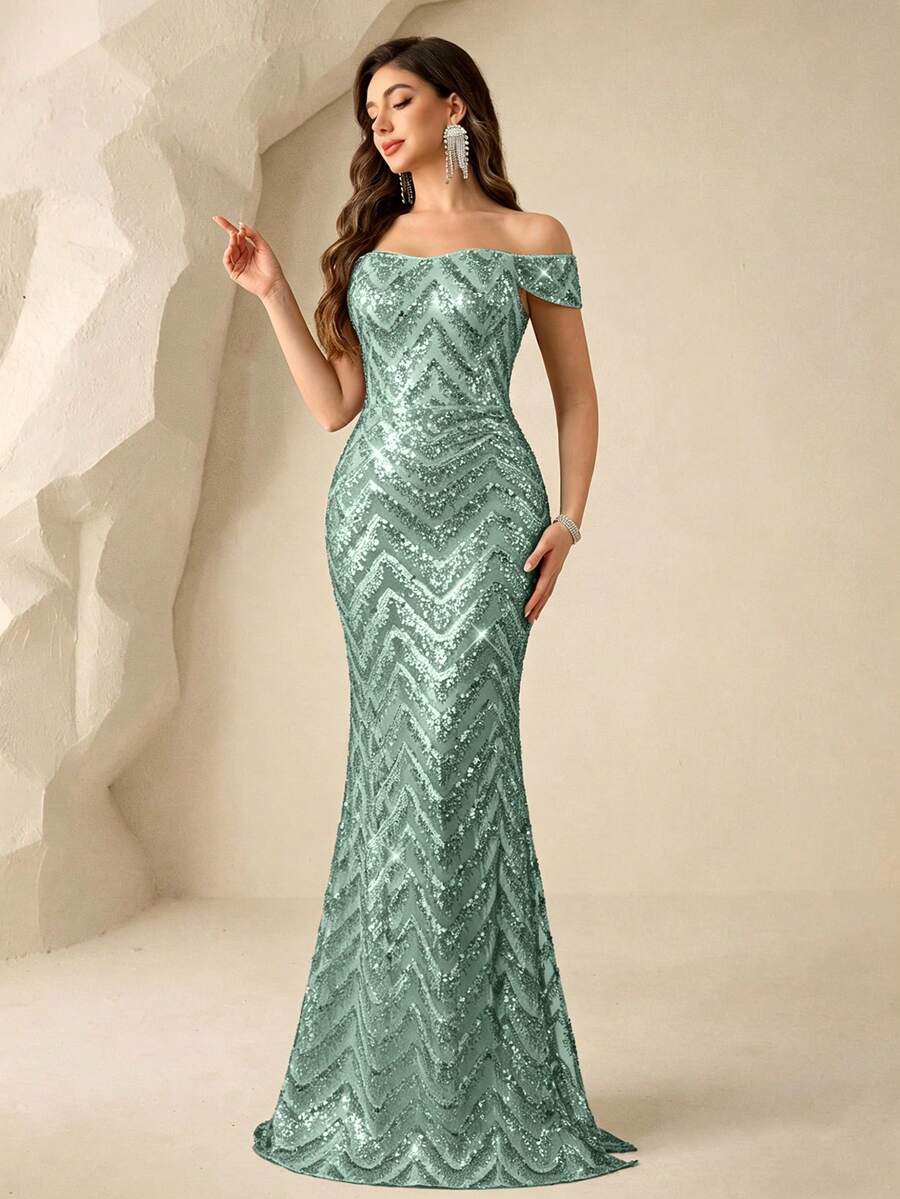 Coutiva Sequin Off-Shoulder Slit Mermaid Elegant Evening Gown - Mint Green - View 1