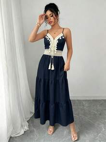 SHEIN Raffinéa 女款春季時尚休閒藍白碎花細肩帶洋裝 - 藏蓝色 - 查看 5