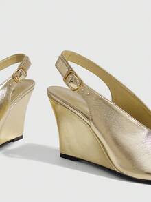 CUCCOO SZL 女款時尚優雅楔形粗跟高跟涼鞋，圓頭露趾後扣帶slingback，適合春夏秋季 - 淺金色 - 查看 5
