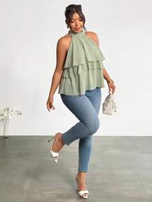 Firerie Plus Size Women Solid Color Casual Elegant Versatile Daily Wear Halter Neck Blouse Evening Party Wedding Guest Sage Green Summer - Green - View 7